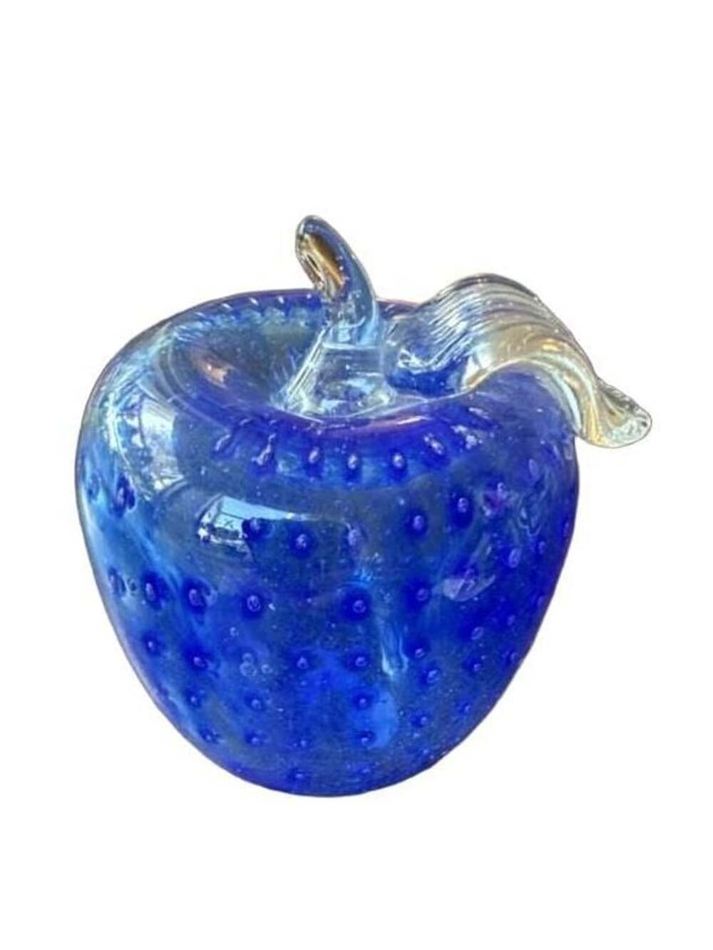 Art Glass Blue Apple Paperweight Controlled Bubble Hand Blown Finland Miikka Oy